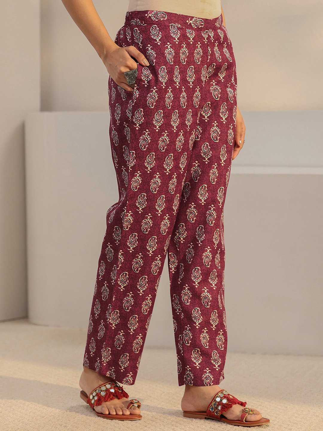 Maroon Printed Cotton Blend Straight Kurta, Trousers And Dupatta Set