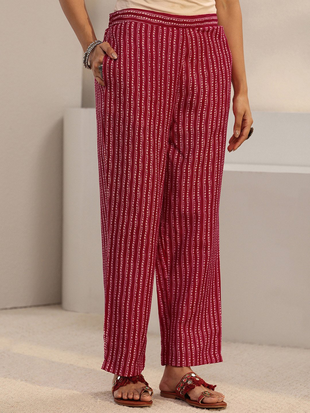 Red Printed Cotton Blend Straight Kurta, Trousers And Dupatta Set
