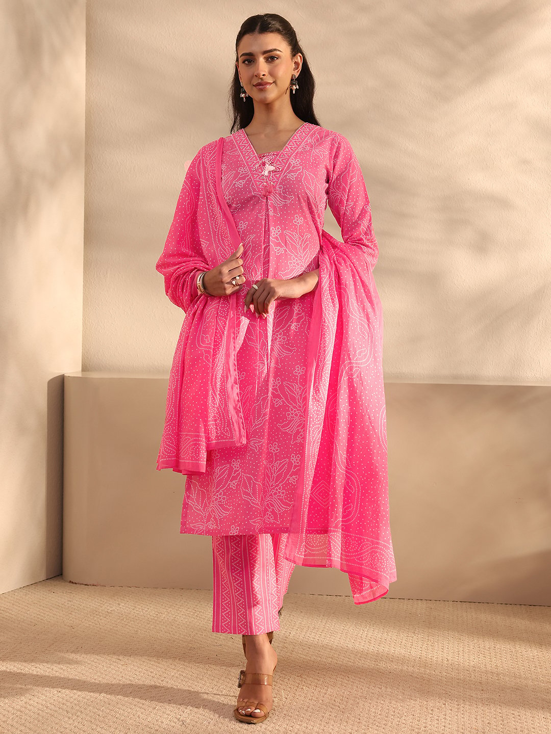 Pink Printed Cotton Straight Kurta, Pants And Dupatta Set