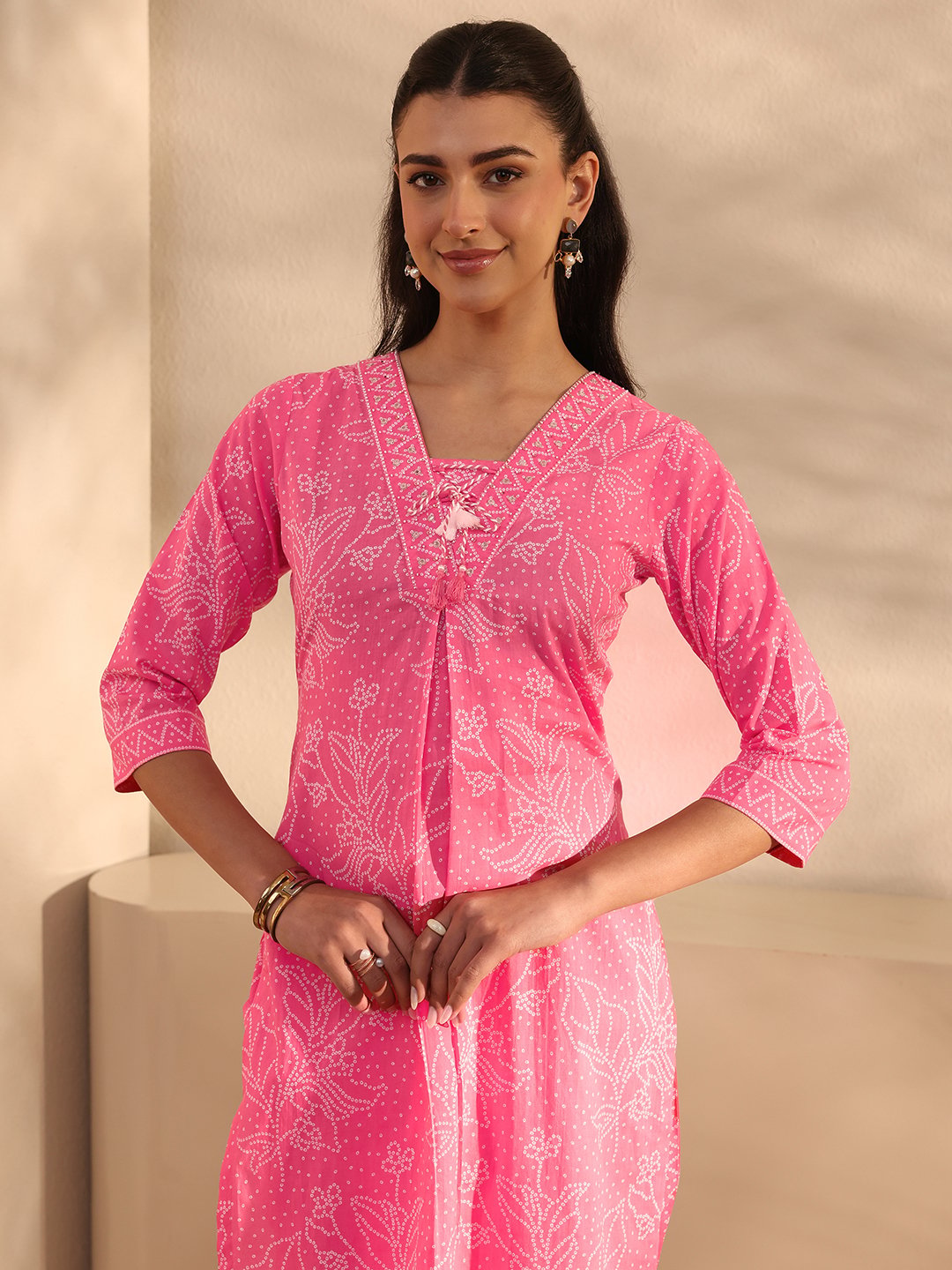 Pink Printed Cotton Straight Kurta, Pants And Dupatta Set