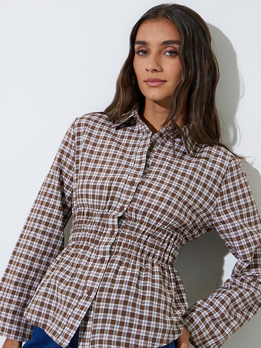 Brown Checked Waist Long Sleeves Shirred Shirt
