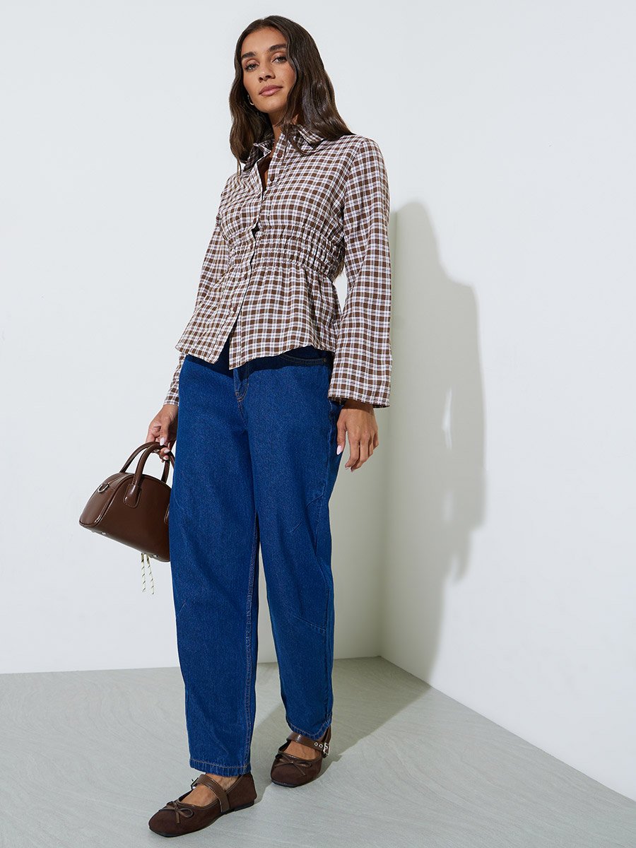 Brown Checked Waist Long Sleeves Shirred Shirt