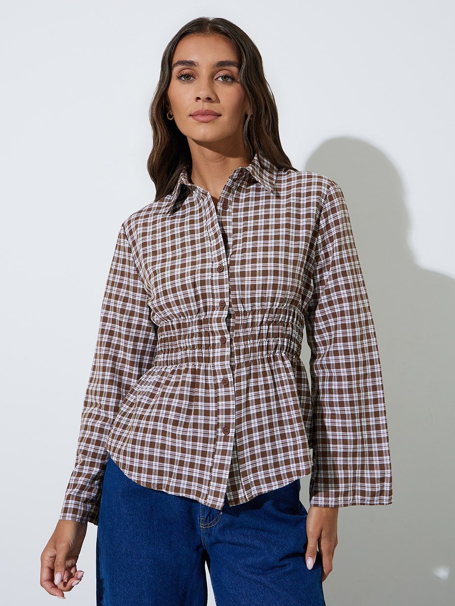 Brown Checked Waist Long Sleeves Shirred Shirt