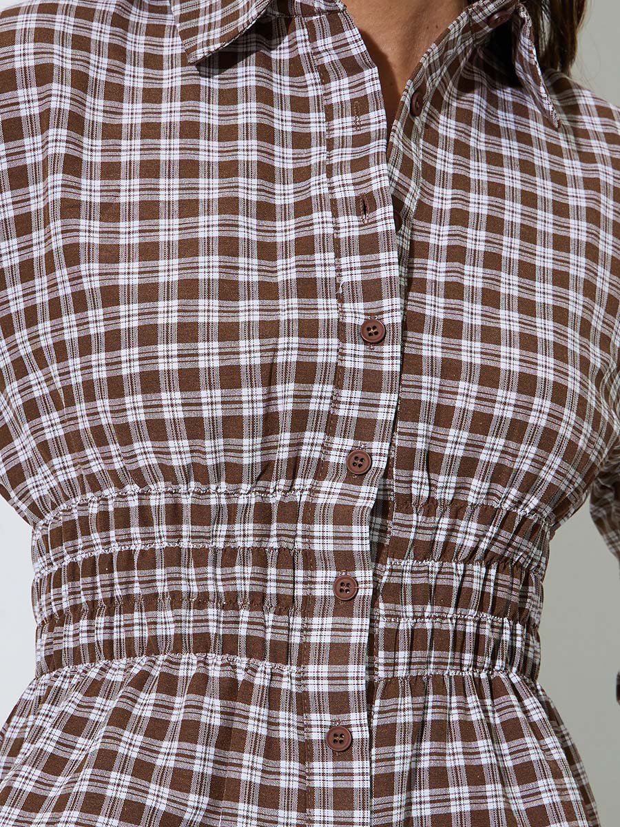 Brown Checked Waist Long Sleeves Shirred Shirt