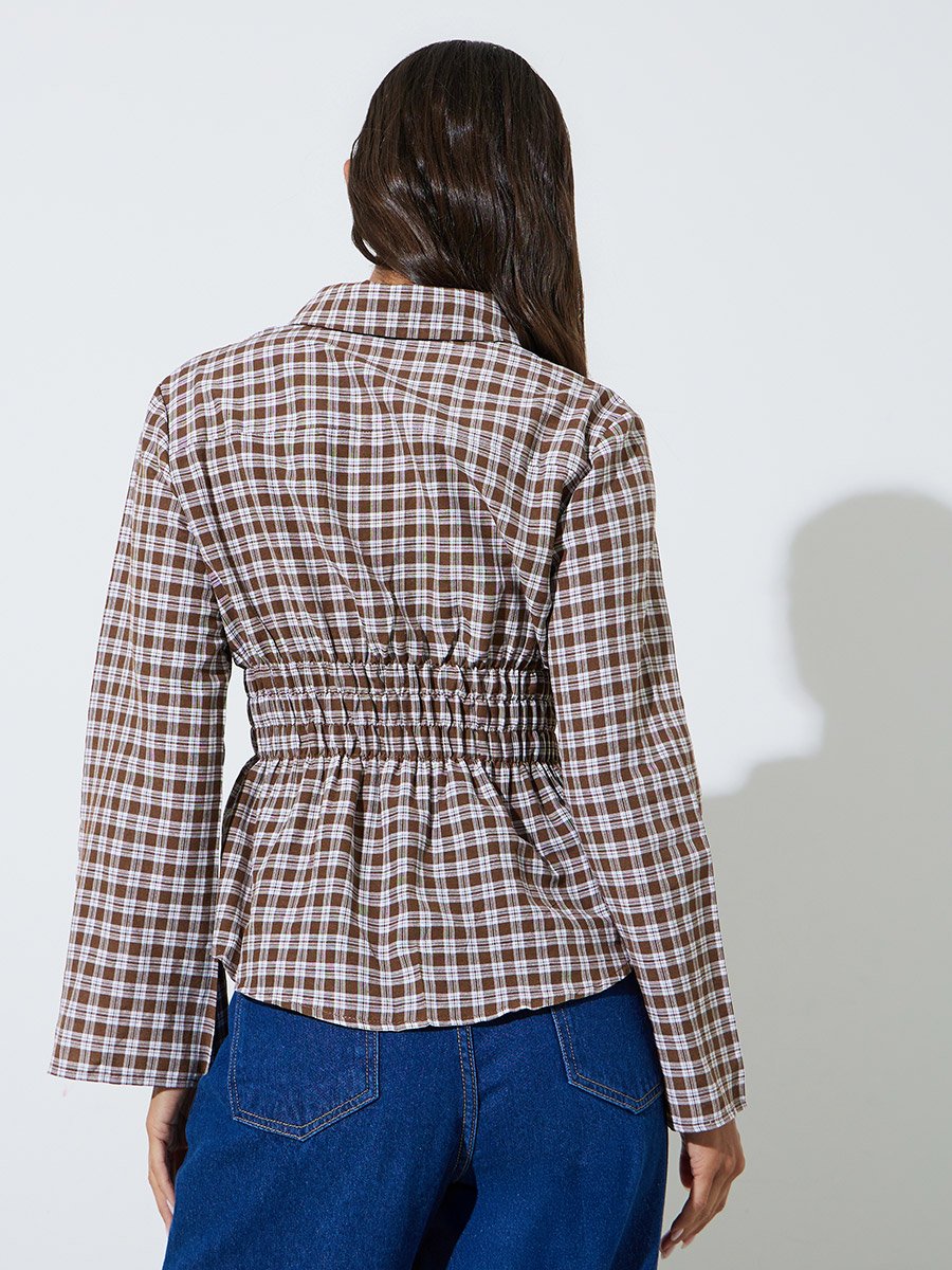 Brown Checked Waist Long Sleeves Shirred Shirt