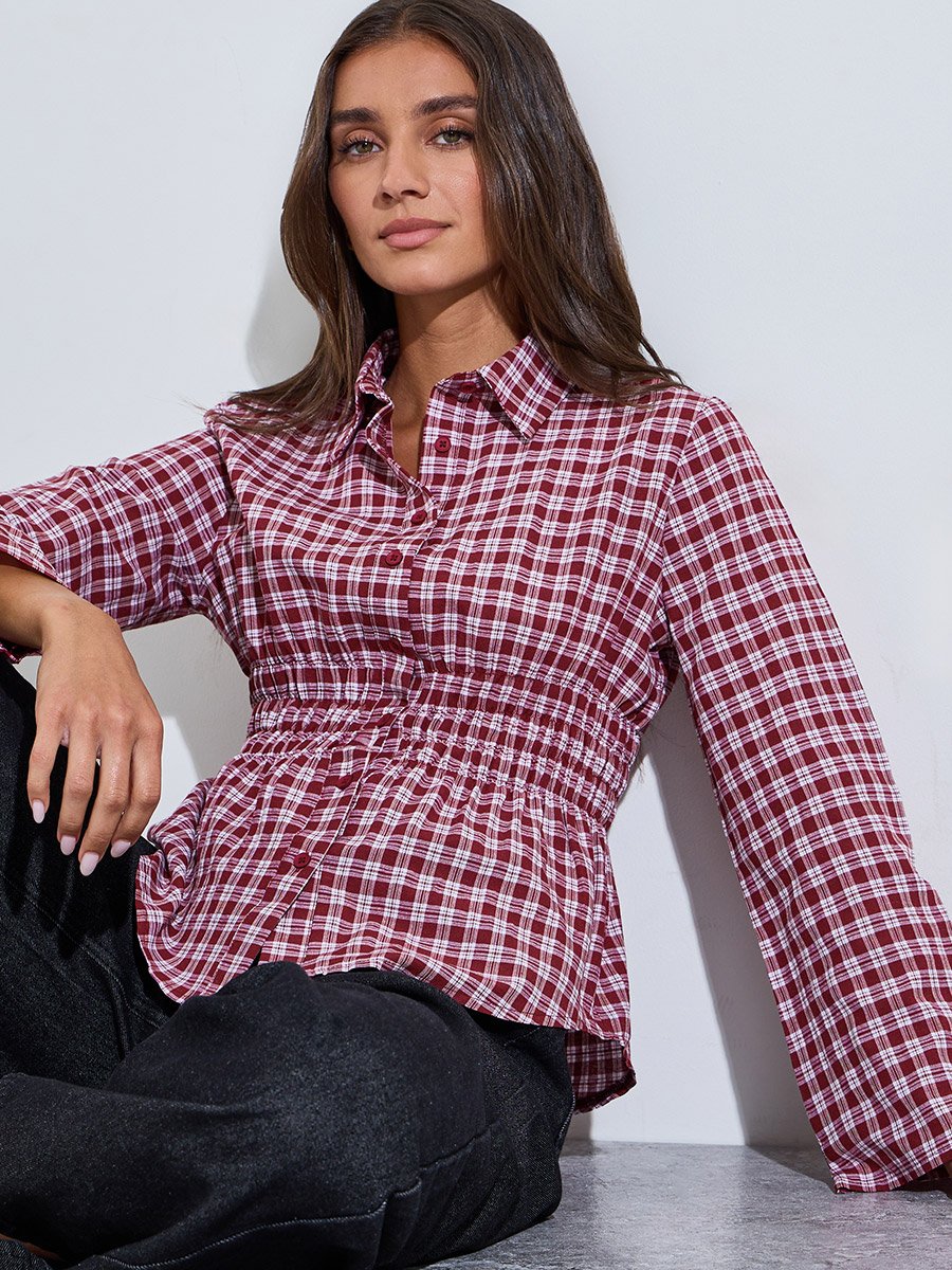 Maroon Checked Waist Long Sleeves Shirred Shirt