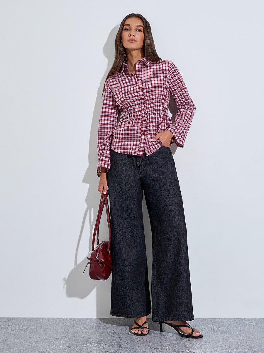 Maroon Checked Waist Long Sleeves Shirred Shirt