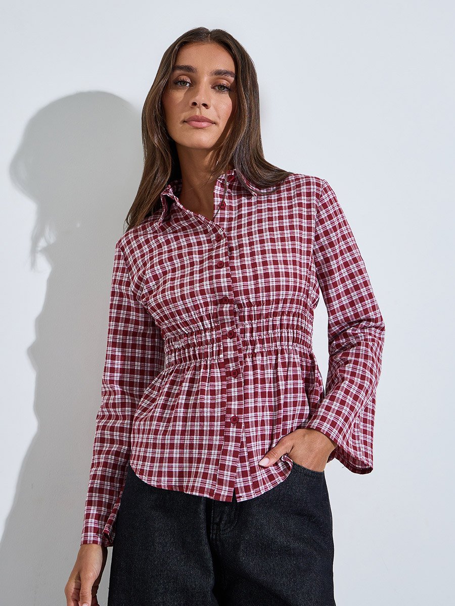 Maroon Checked Waist Long Sleeves Shirred Shirt