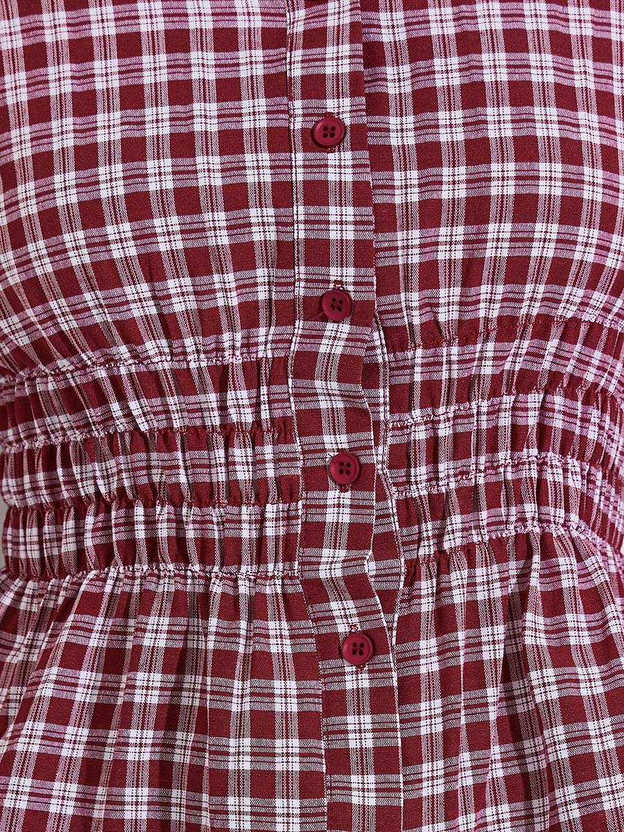 Maroon Checked Waist Long Sleeves Shirred Shirt