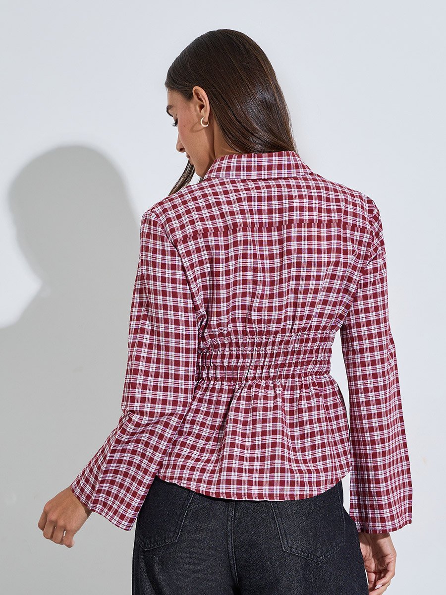 Maroon Checked Waist Long Sleeves Shirred Shirt