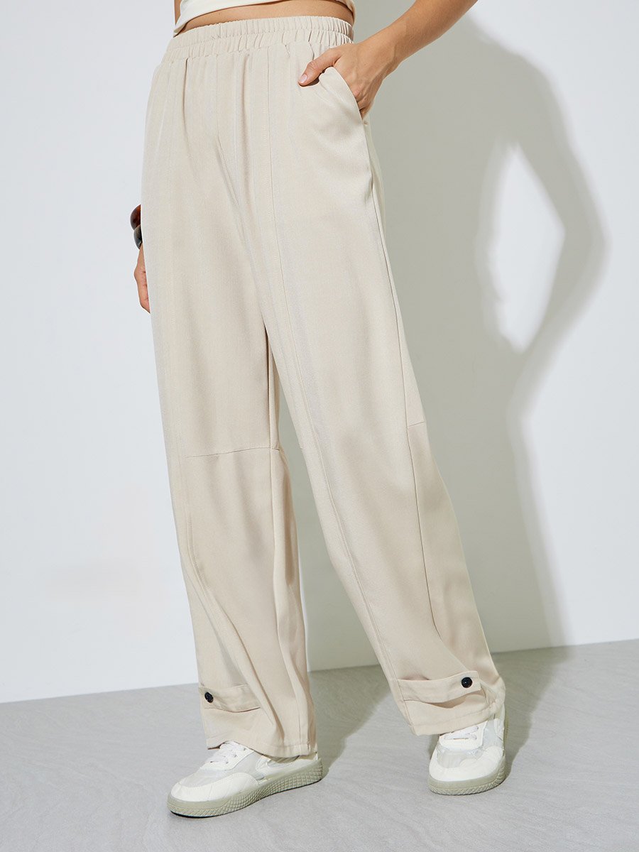 Beige Relaxed Fit Pants with Ankle Buttons