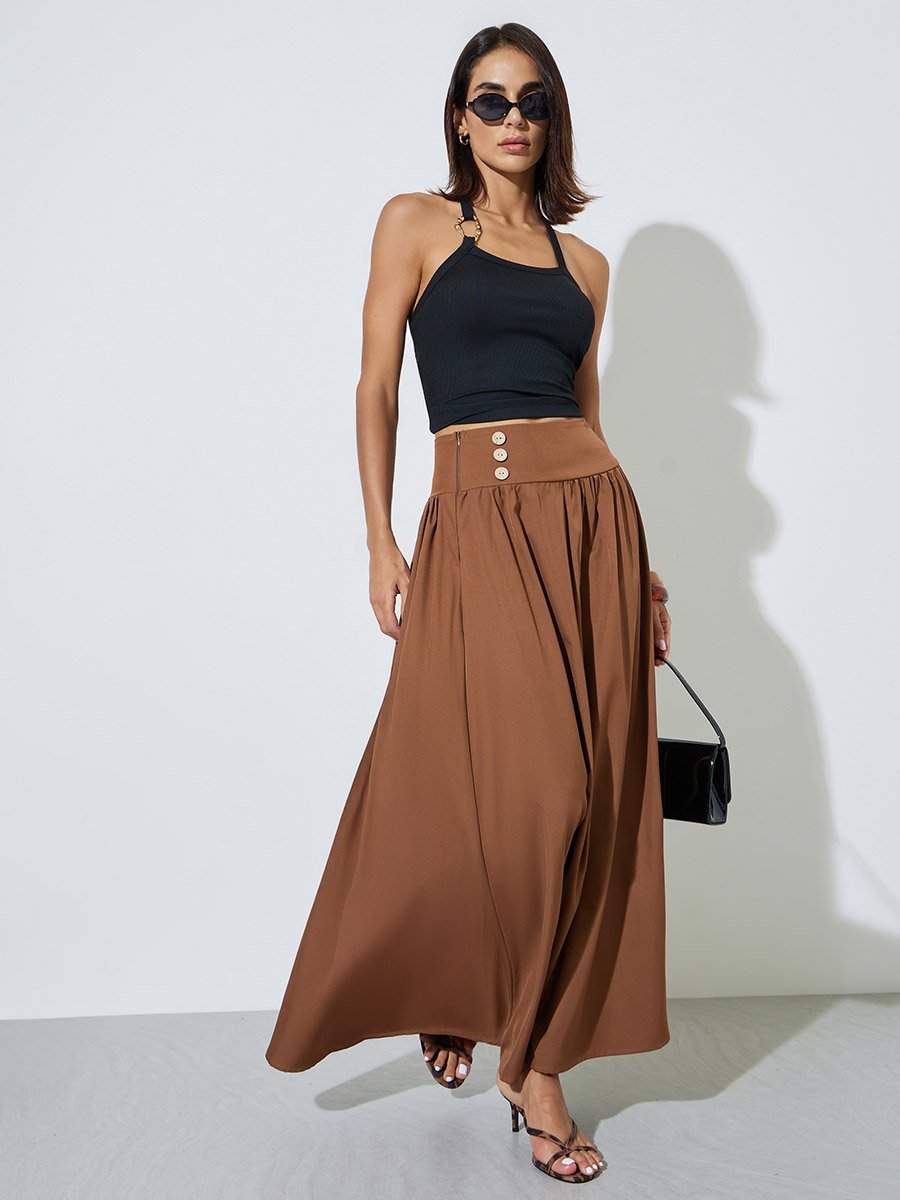 Brown Solid Buttons Detail A-line Maxi Skirt