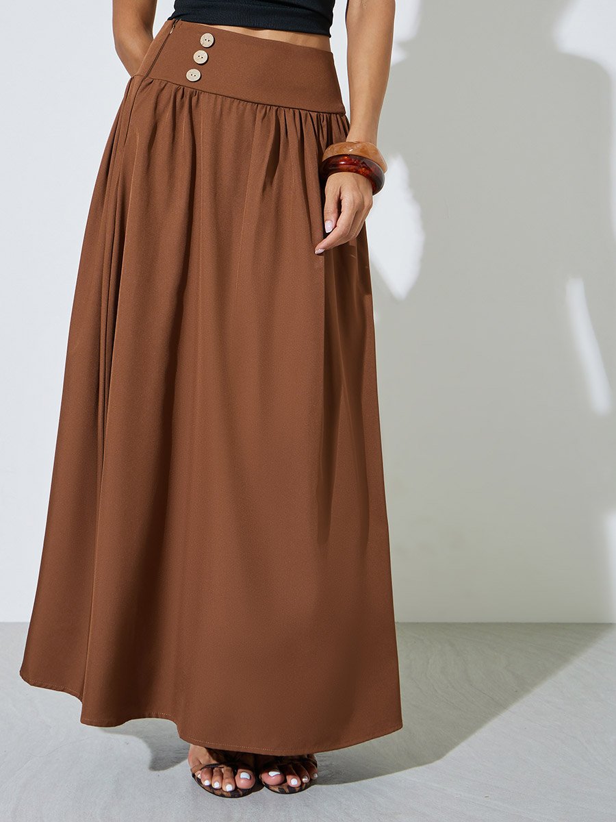 Brown Solid Buttons Detail A-line Maxi Skirt
