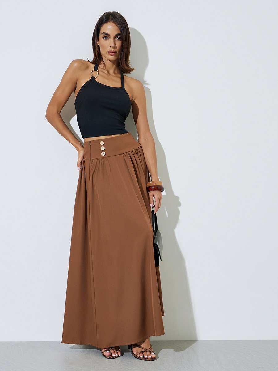 Brown Solid Buttons Detail A-line Maxi Skirt