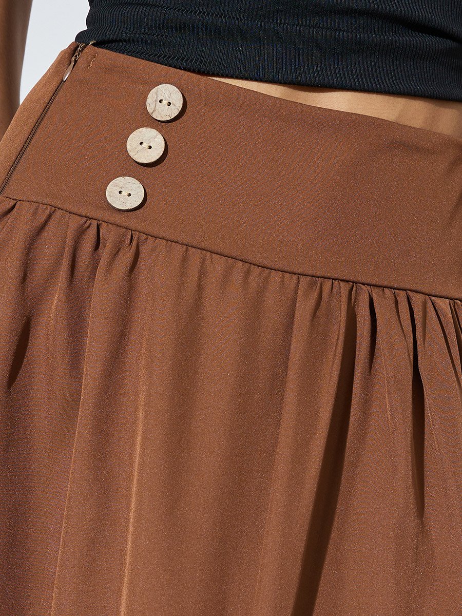 Brown Solid Buttons Detail A-line Maxi Skirt