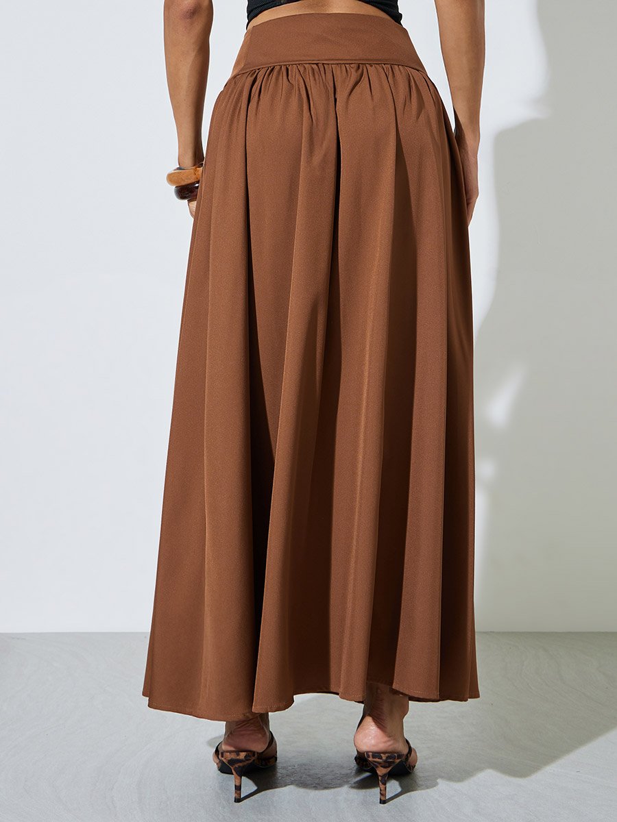 Brown Solid Buttons Detail A-line Maxi Skirt
