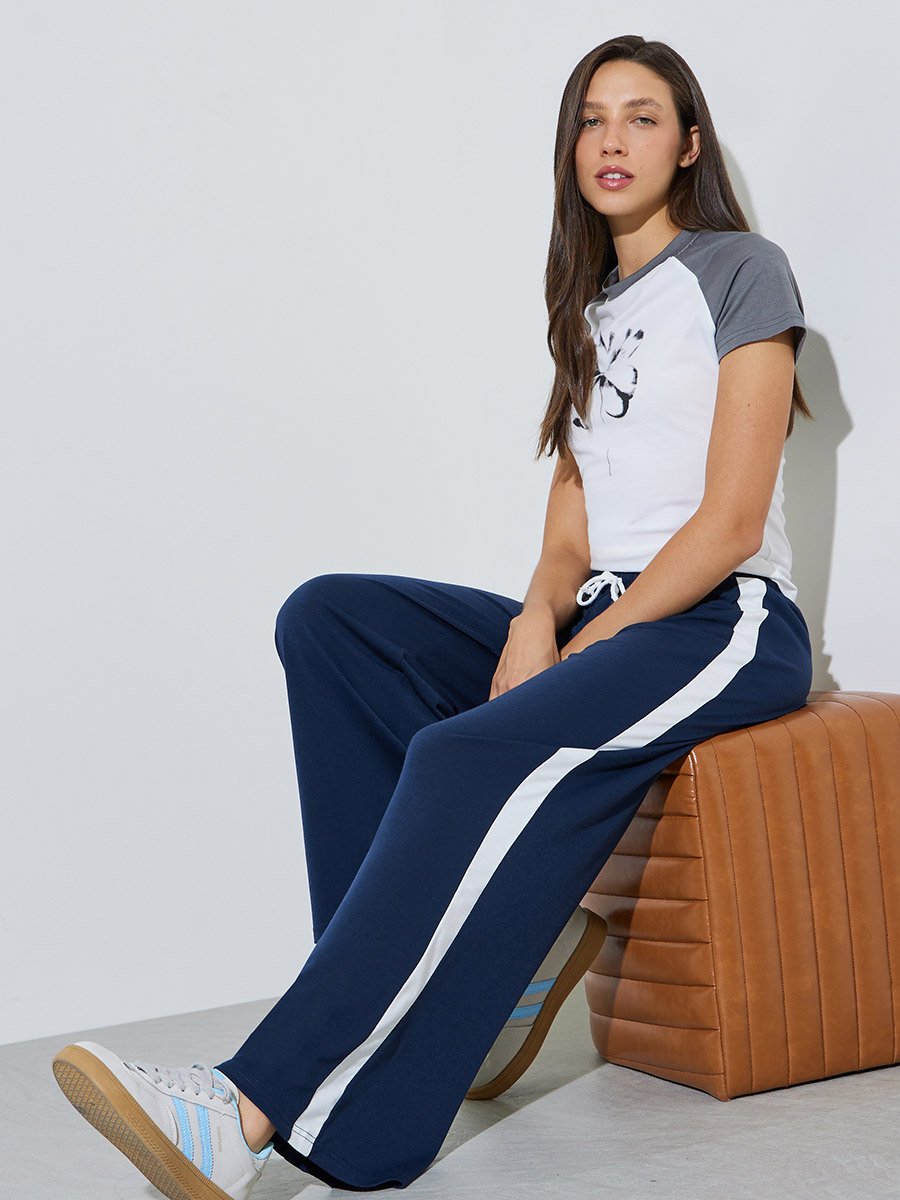 Dark Blue Side Stripe Wide Leg Joggers