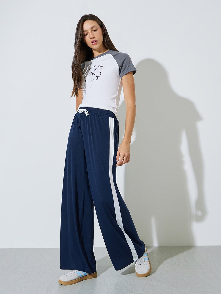 Dark Blue Side Stripe Wide Leg Joggers