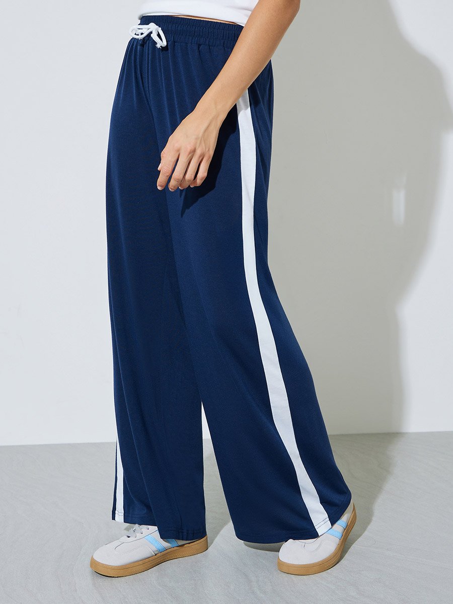 Dark Blue Side Stripe Wide Leg Joggers