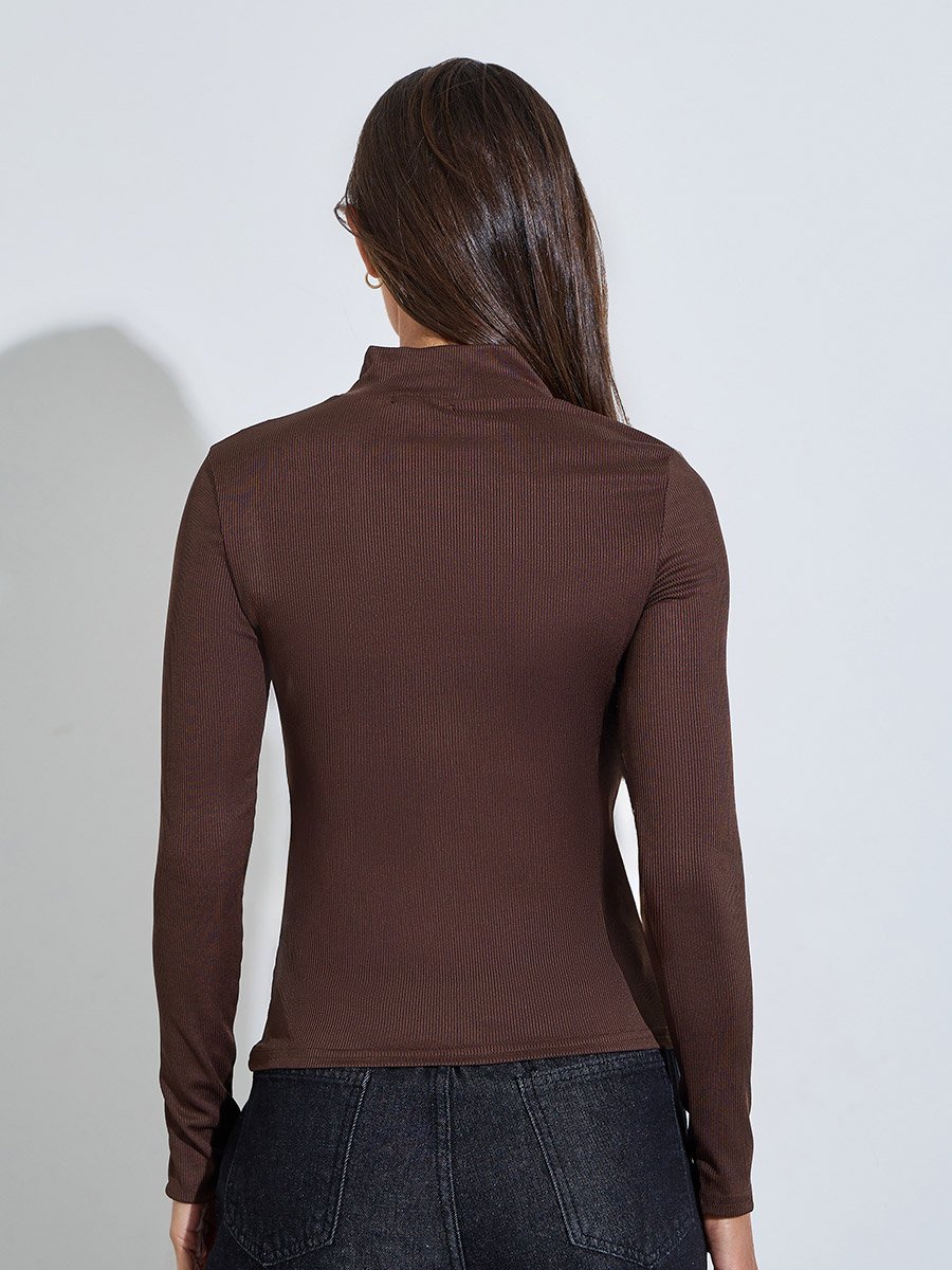 Burgundy Solid Fitted High Neck Knit Top