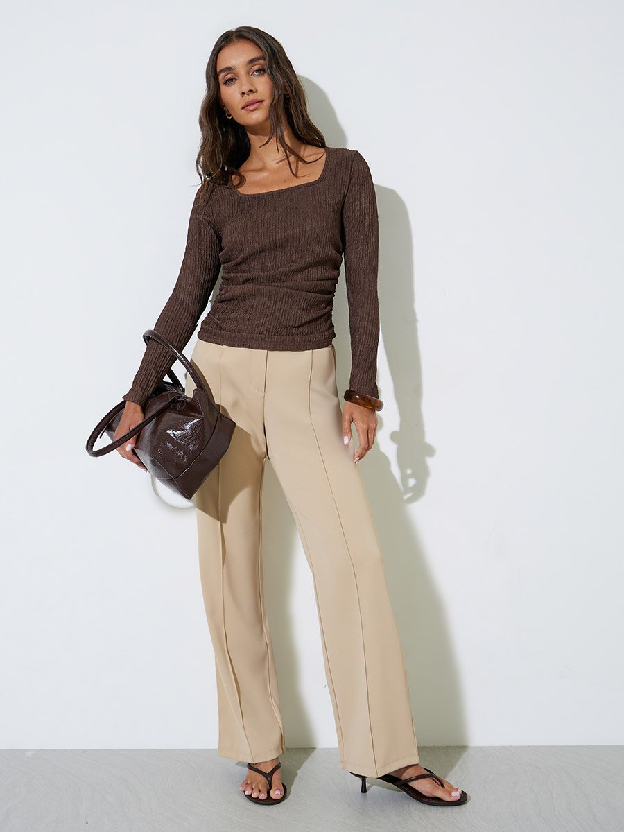 Brown Fitted Square Neck Ruched Knit Top