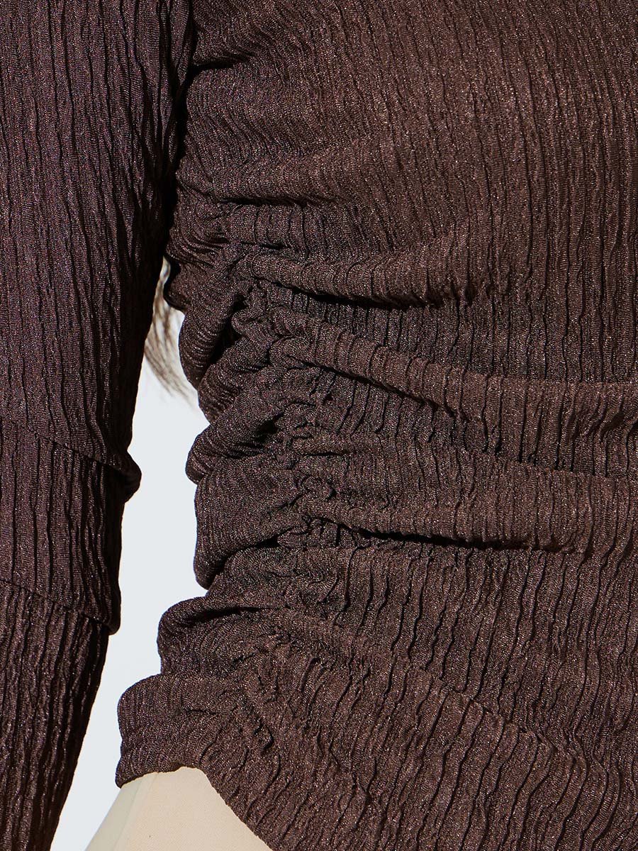 Brown Fitted Square Neck Ruched Knit Top