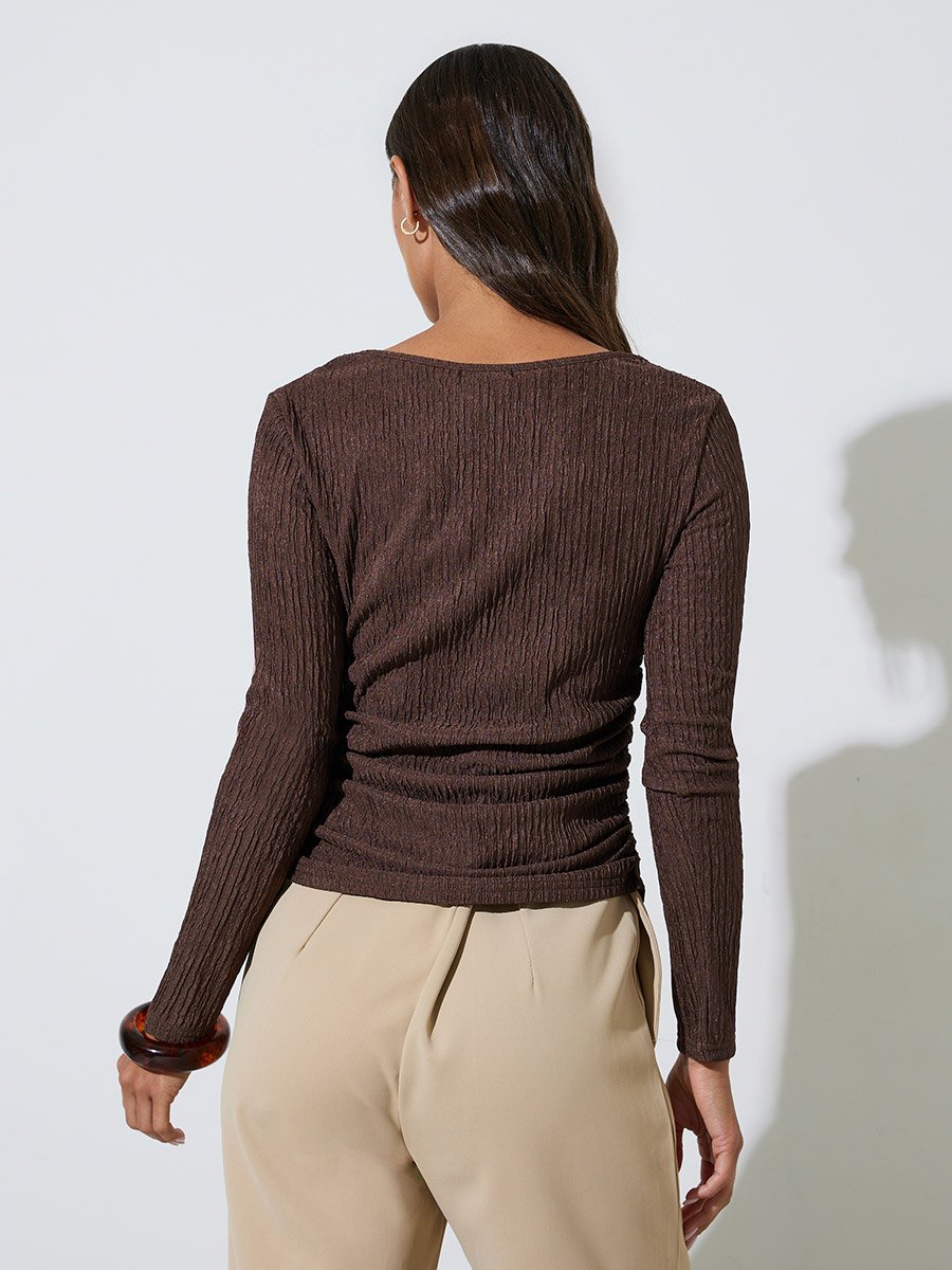 Brown Fitted Square Neck Ruched Knit Top