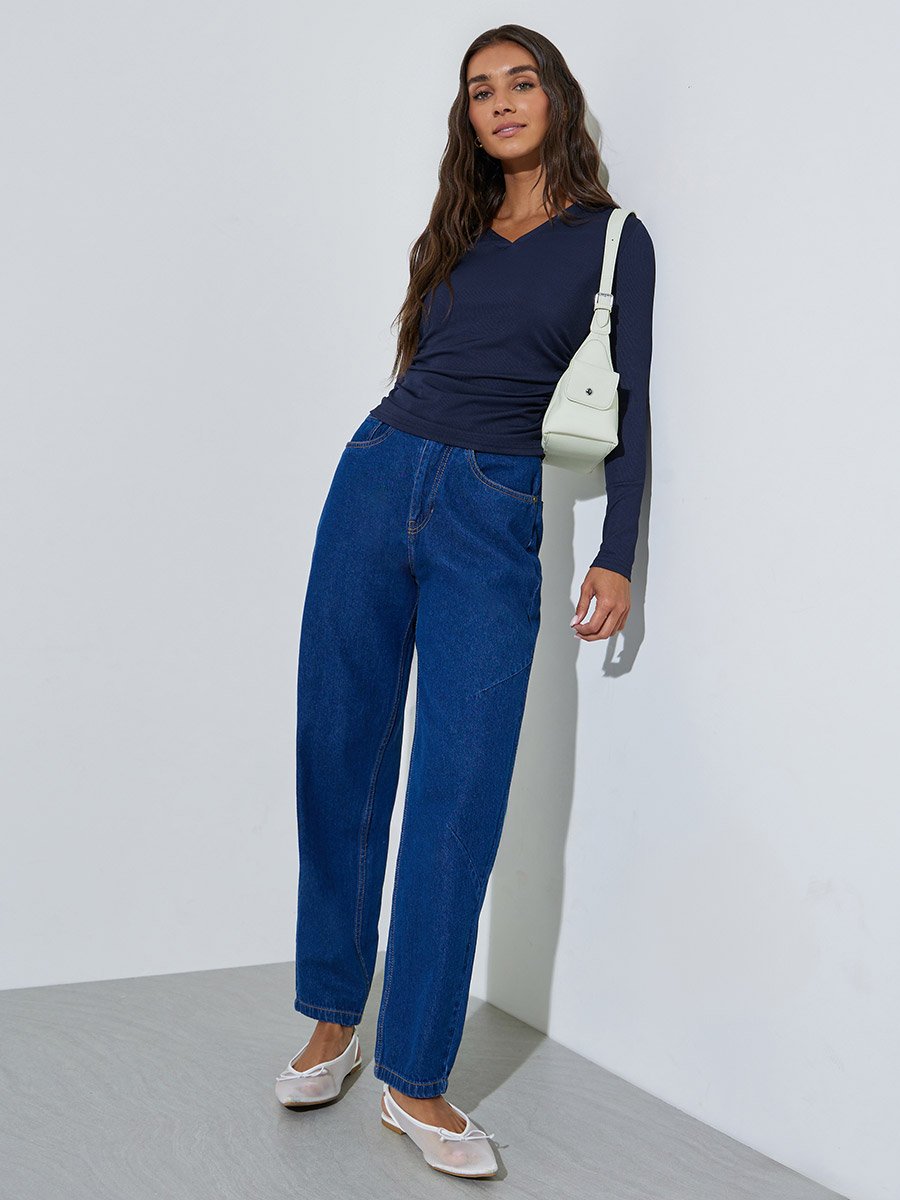 Navy Blue Long Sleeves Collared V-Neck Knit Top