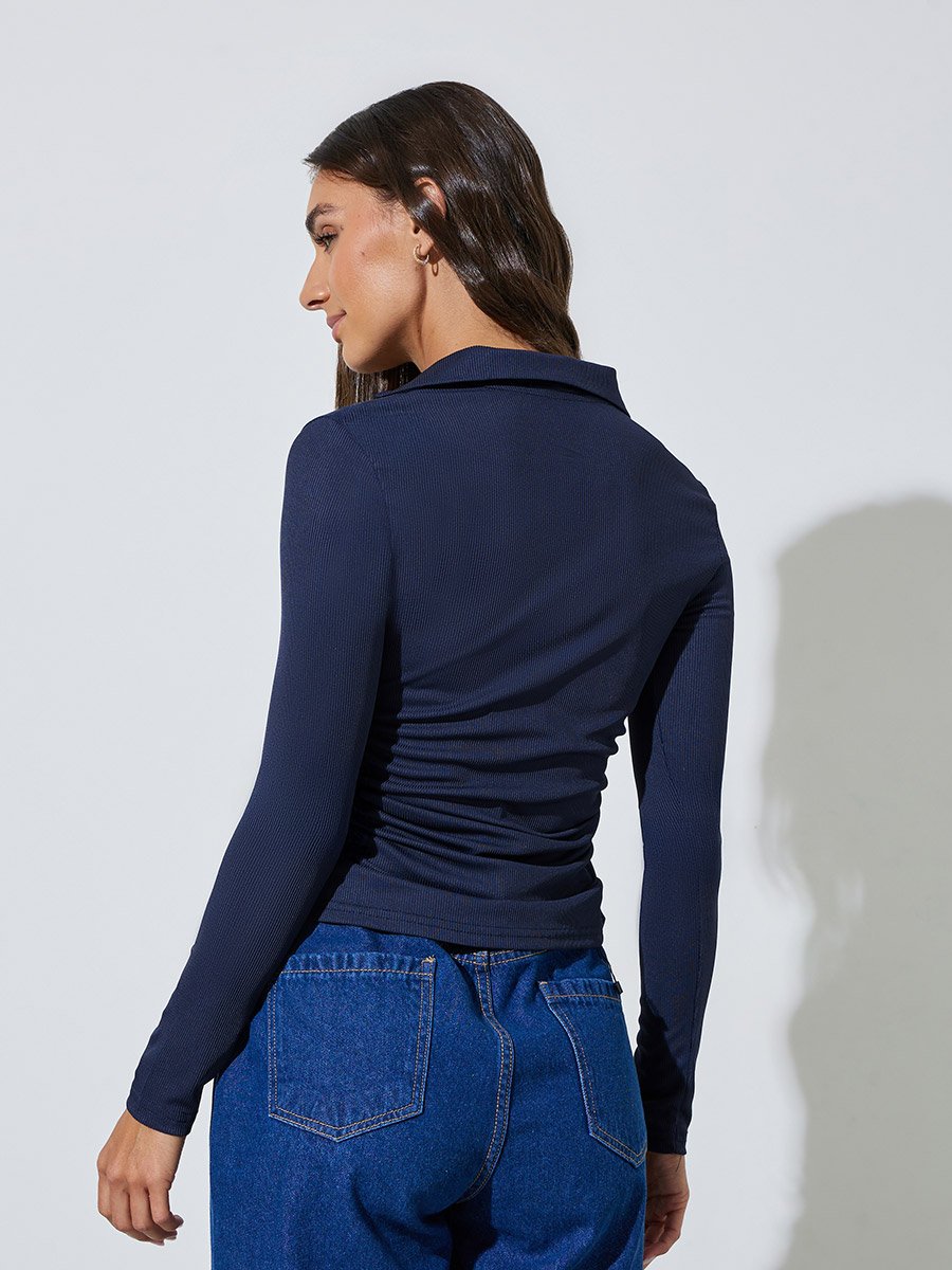 Navy Blue Long Sleeves Collared V-Neck Knit Top