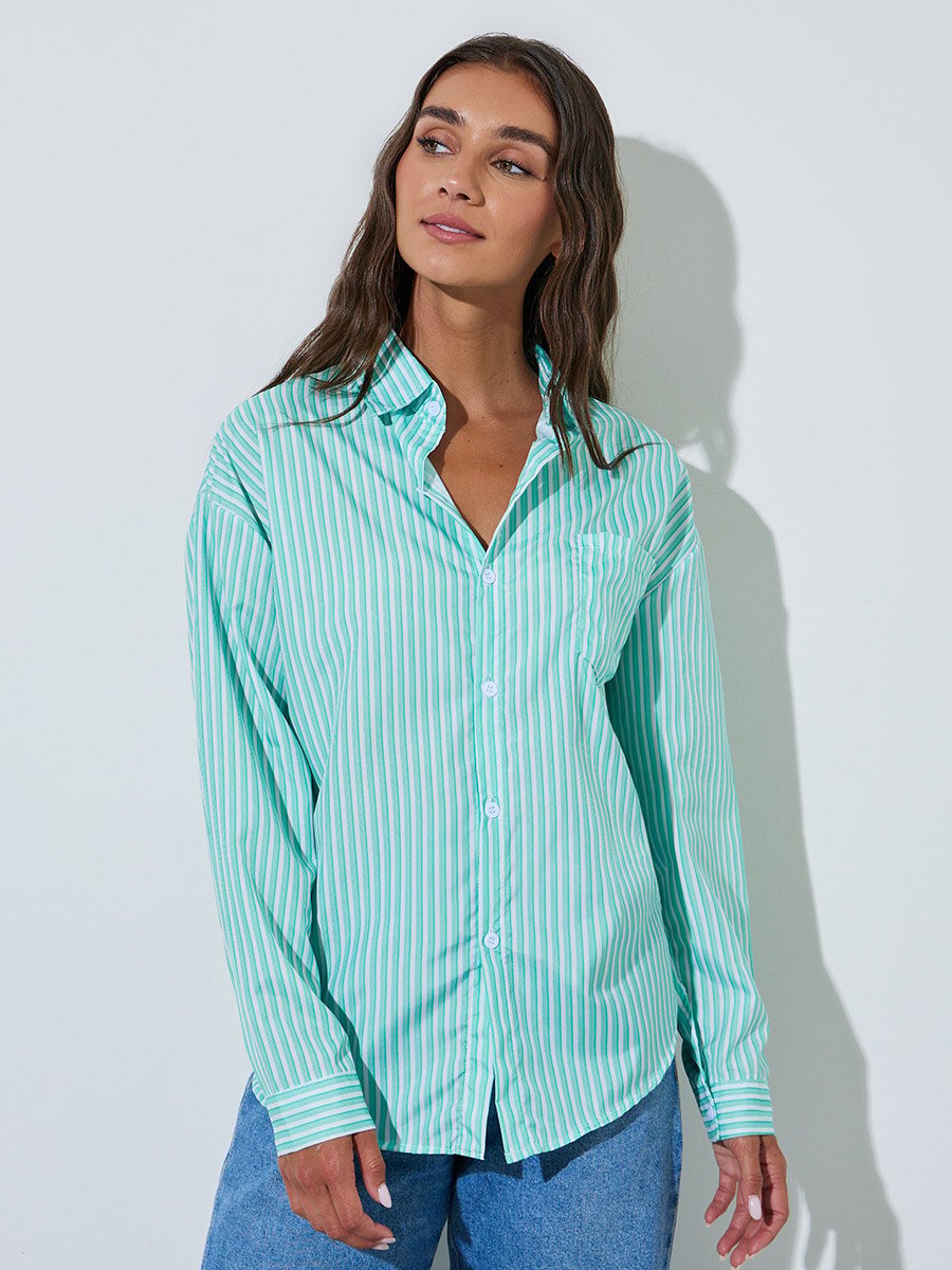Mint Green Striped Pocket Detail Oversized Shirt