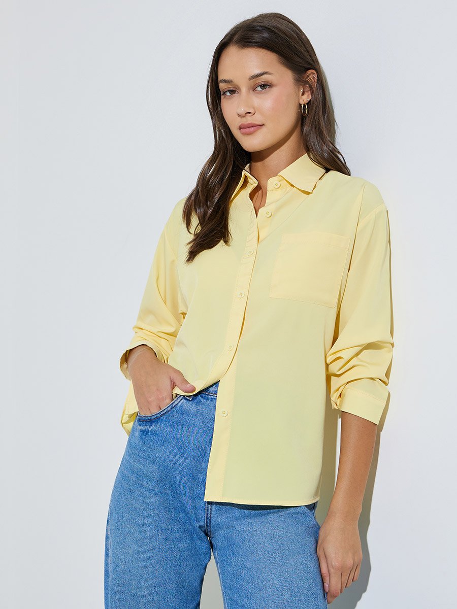 Yellow Solid Patch Pocket Oversized Button-Up Shirt