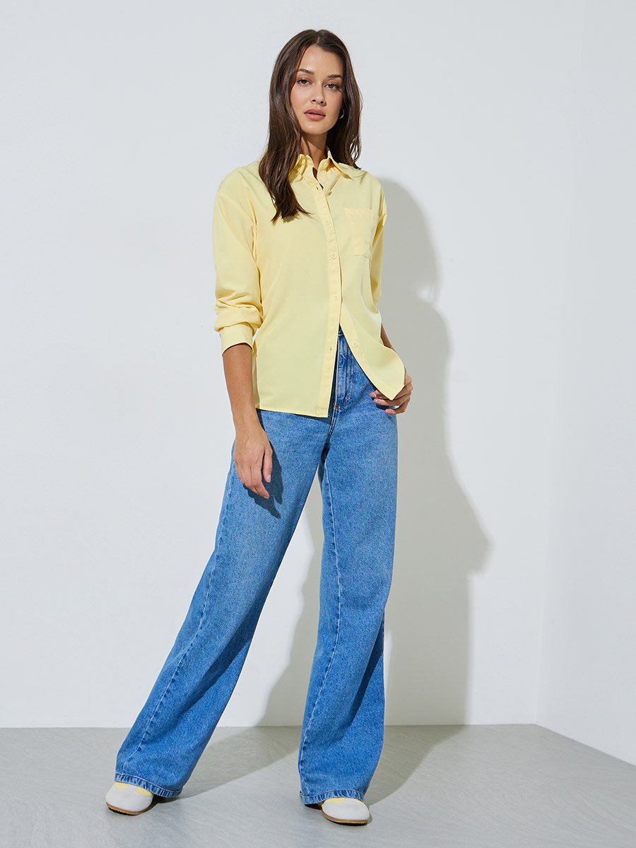 Yellow Solid Patch Pocket Oversized Button-Up Shirt