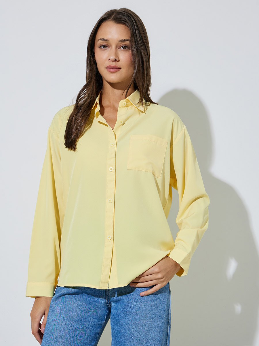 Yellow Solid Patch Pocket Oversized Button-Up Shirt