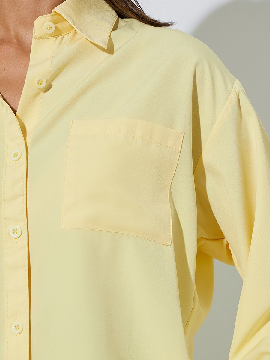 Yellow Solid Patch Pocket Oversized Button-Up Shirt