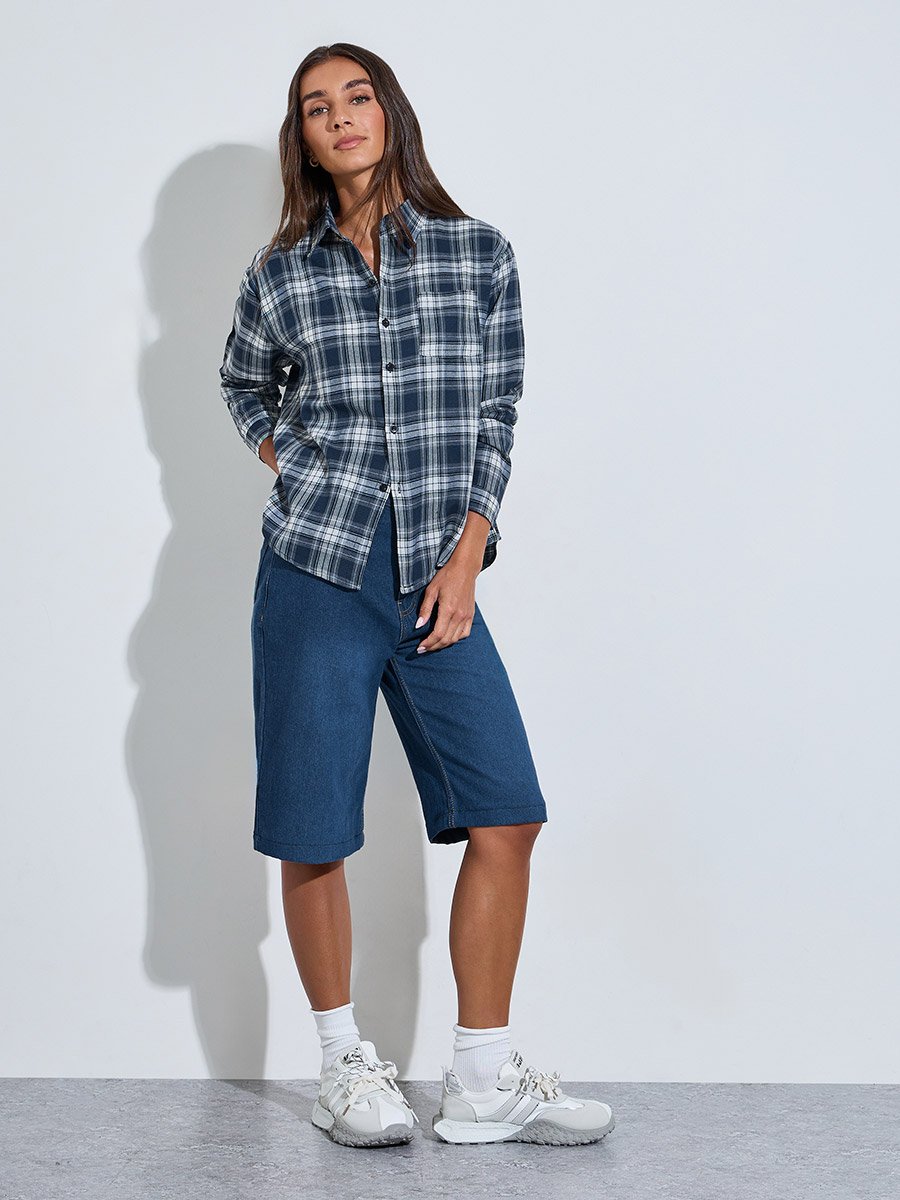 Navy Blue Checked Long Sleeves Oversized Shirt