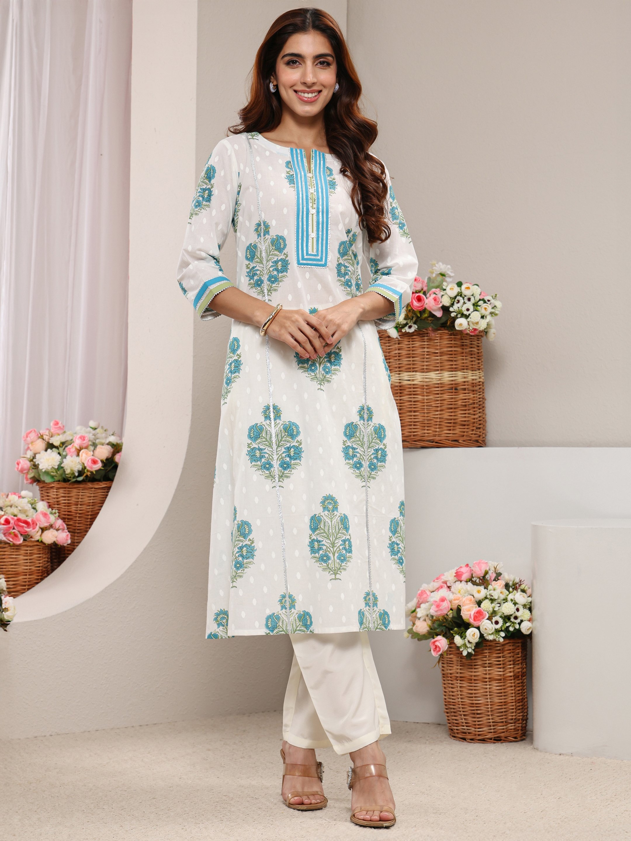 White Floral Cotton A-Line Kurta