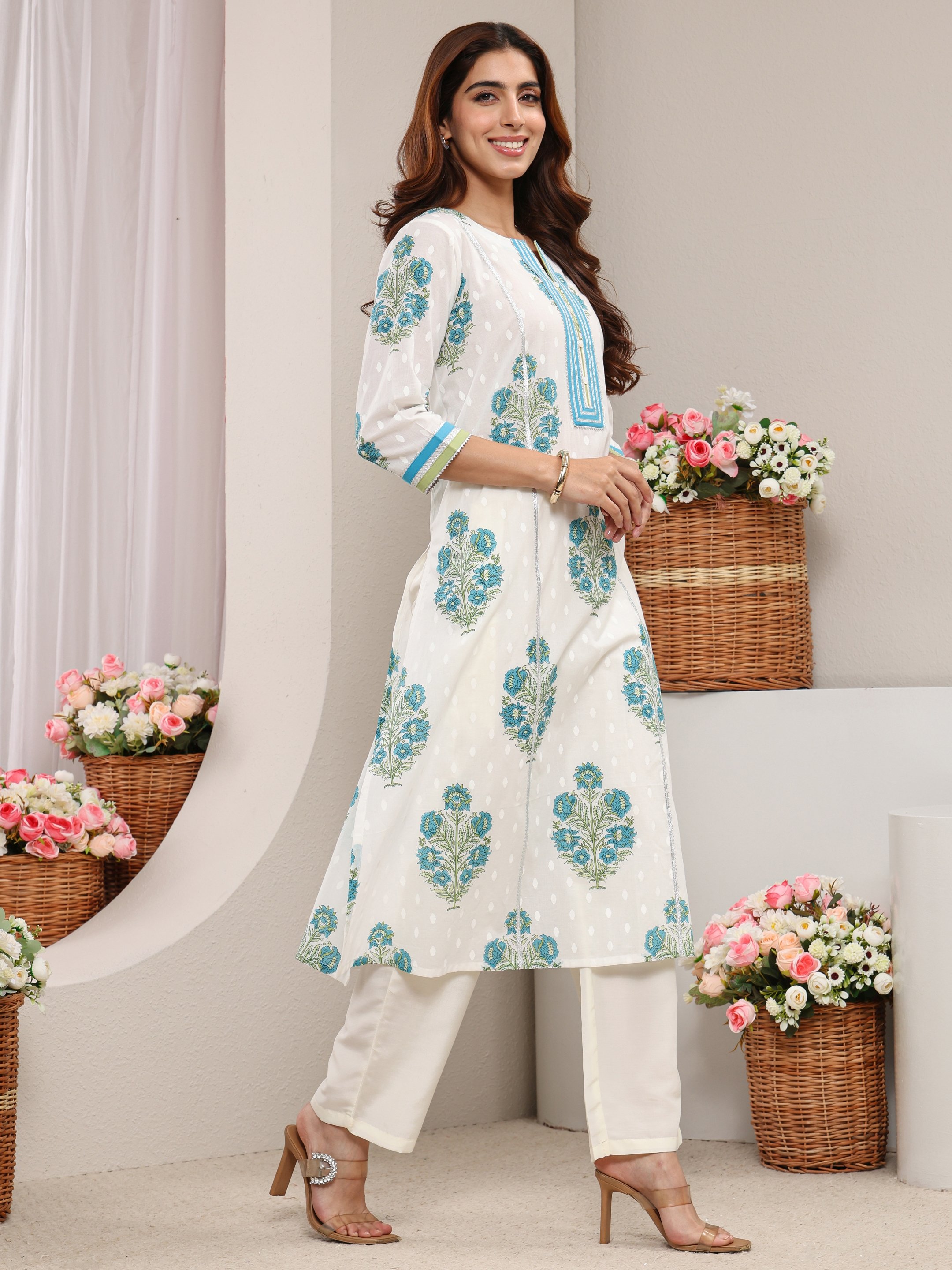 White Floral Cotton A-Line Kurta