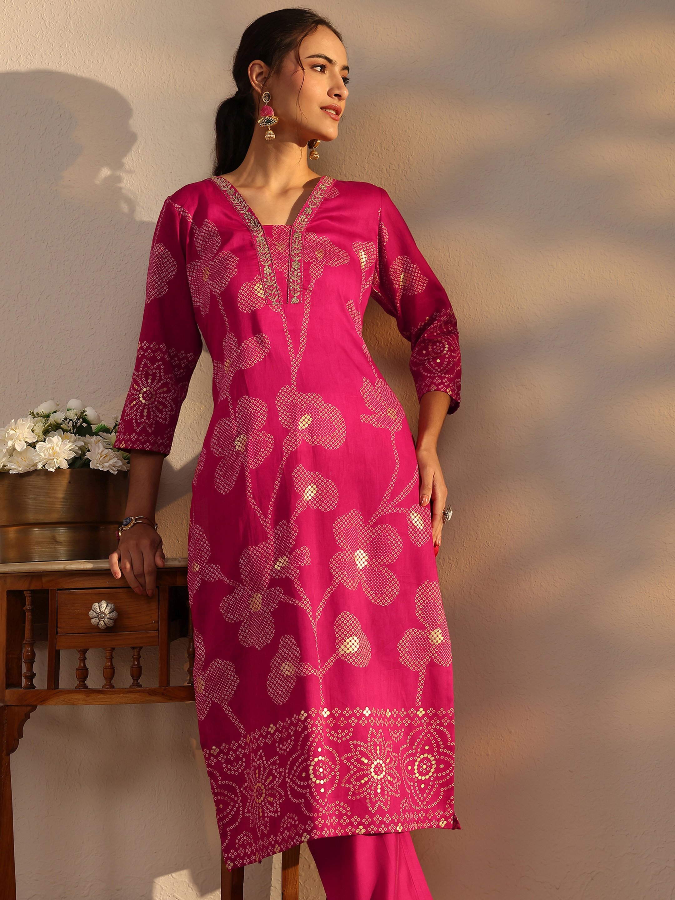 Pink Floral Cotton Straight-Fit Kurta