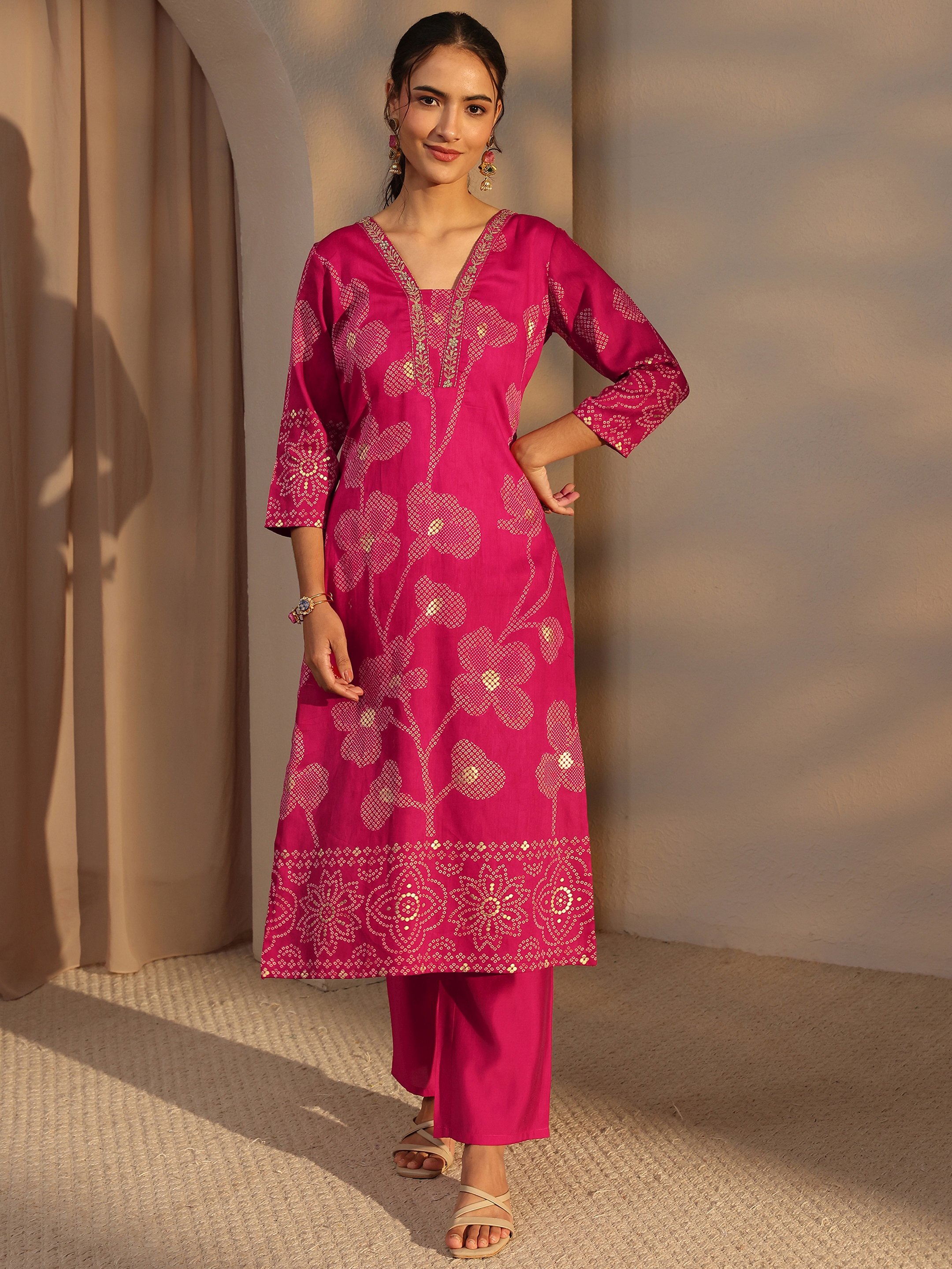 Pink Floral Cotton Straight-Fit Kurta