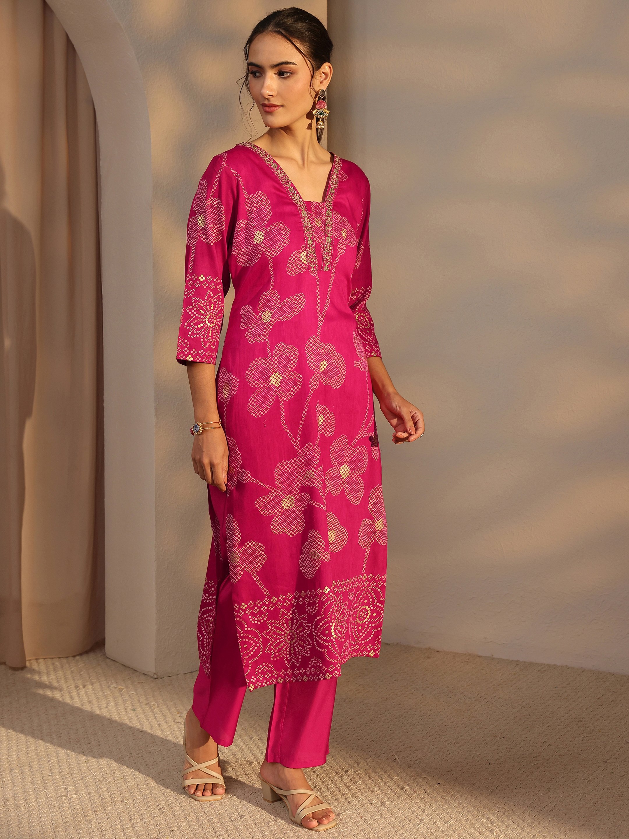 Pink Floral Cotton Straight-Fit Kurta