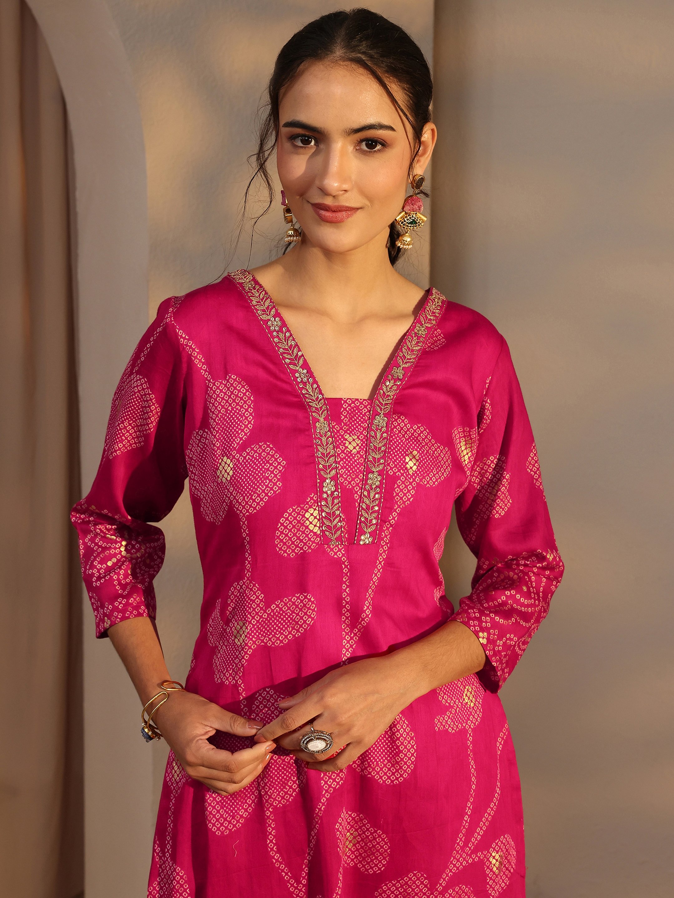 Pink Floral Cotton Straight-Fit Kurta