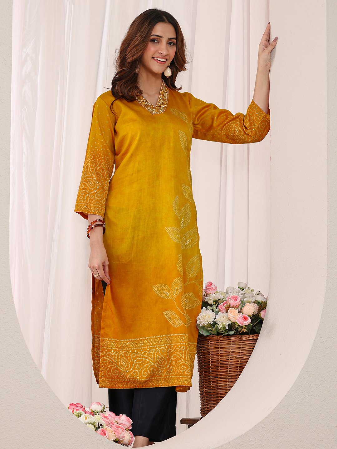 Mustard Floral Cotton Straight-Fit Kurta