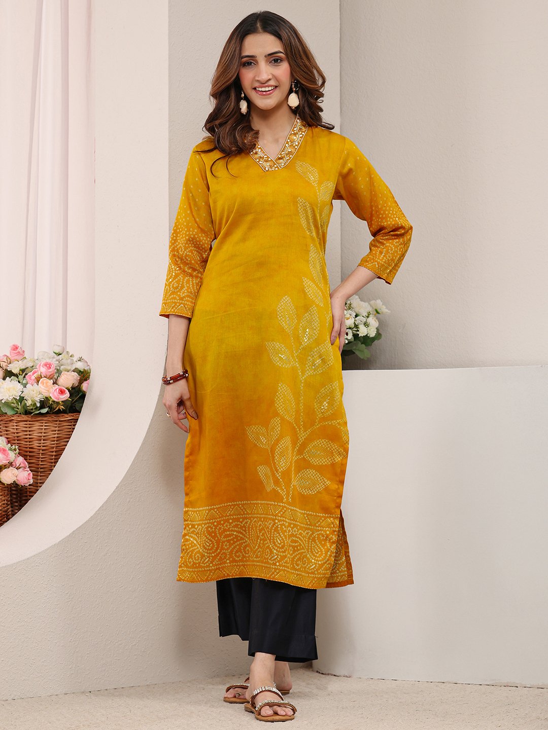 Mustard Floral Cotton Straight-Fit Kurta