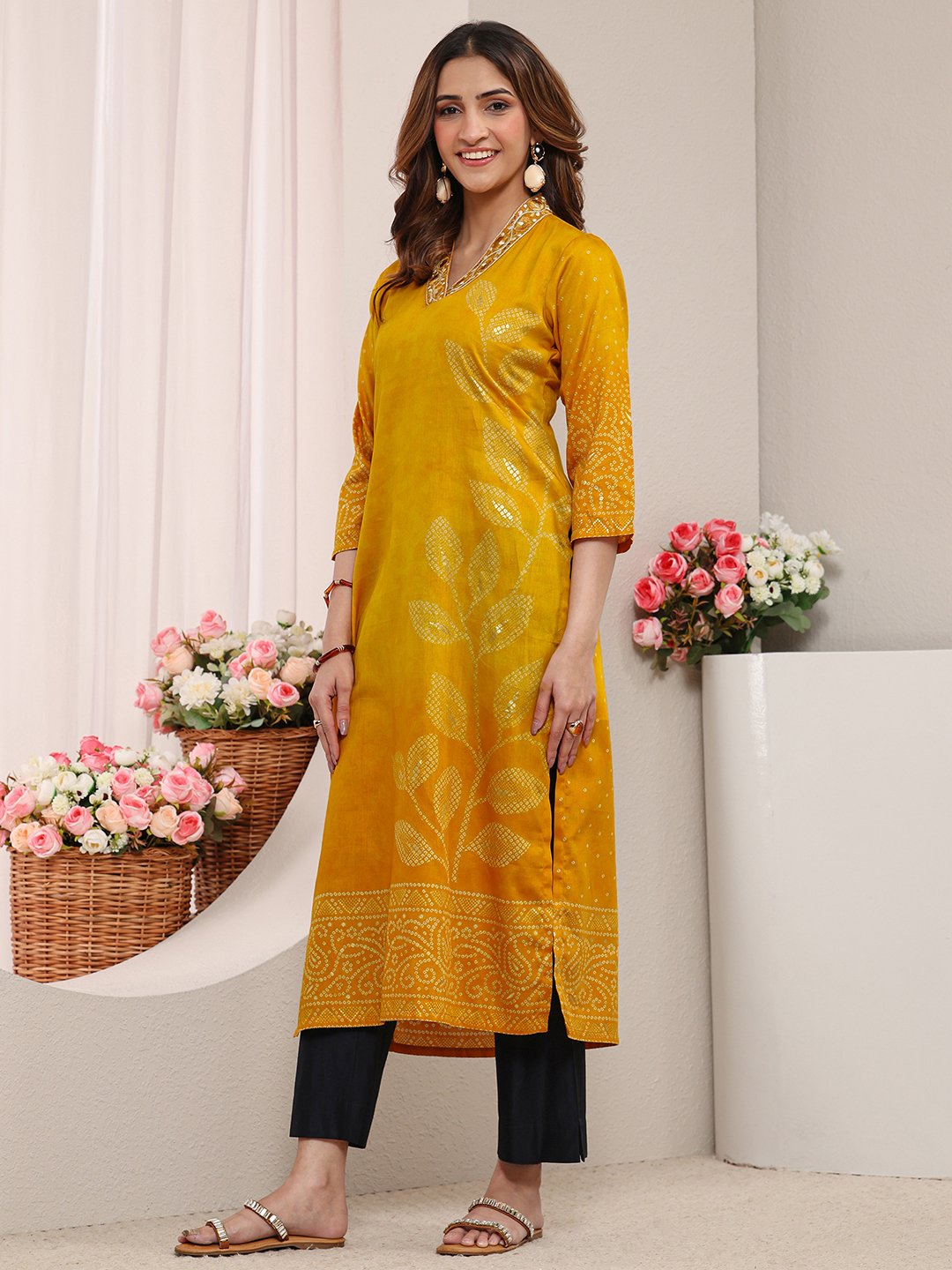 Mustard Floral Cotton Straight-Fit Kurta