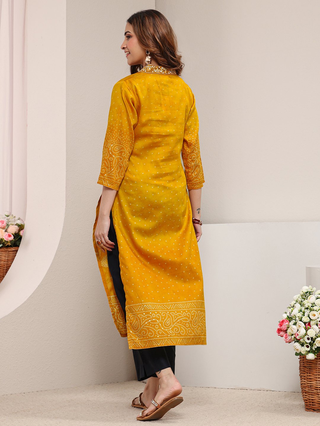Mustard Floral Cotton Straight-Fit Kurta