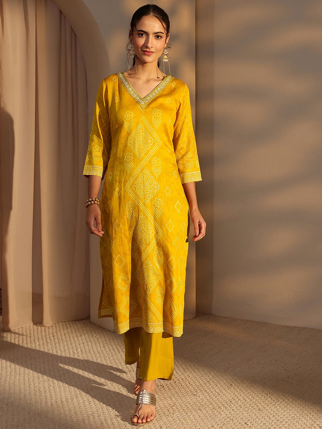 Mustard Bandhani Inspired Print Cotton Straight-Fit Kurta