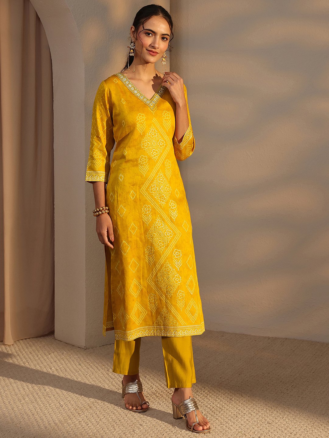 Mustard Bandhani Inspired Print Cotton Straight-Fit Kurta