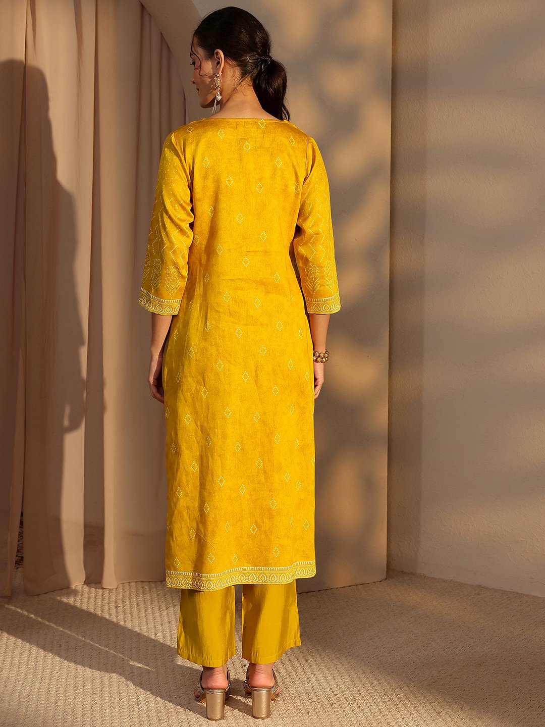 Mustard Bandhani Inspired Print Cotton Straight-Fit Kurta