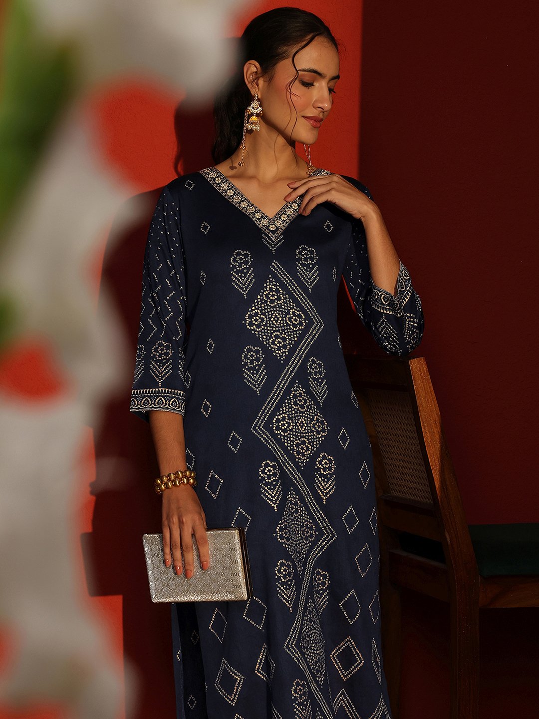 Blue Bandhani Inspired Print Cotton Straight-Fit Kurta