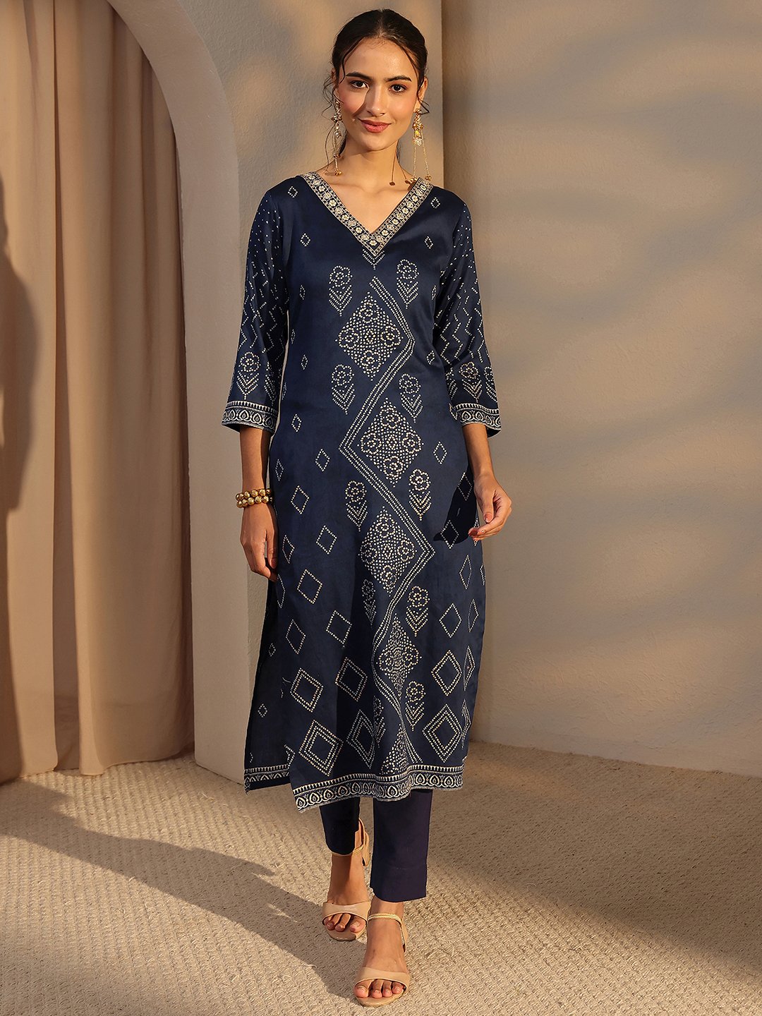 Blue Bandhani Inspired Print Cotton Straight-Fit Kurta